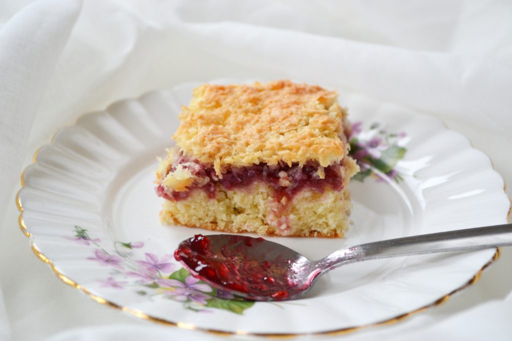 Raspberry Coconut Slice; traybake recipe