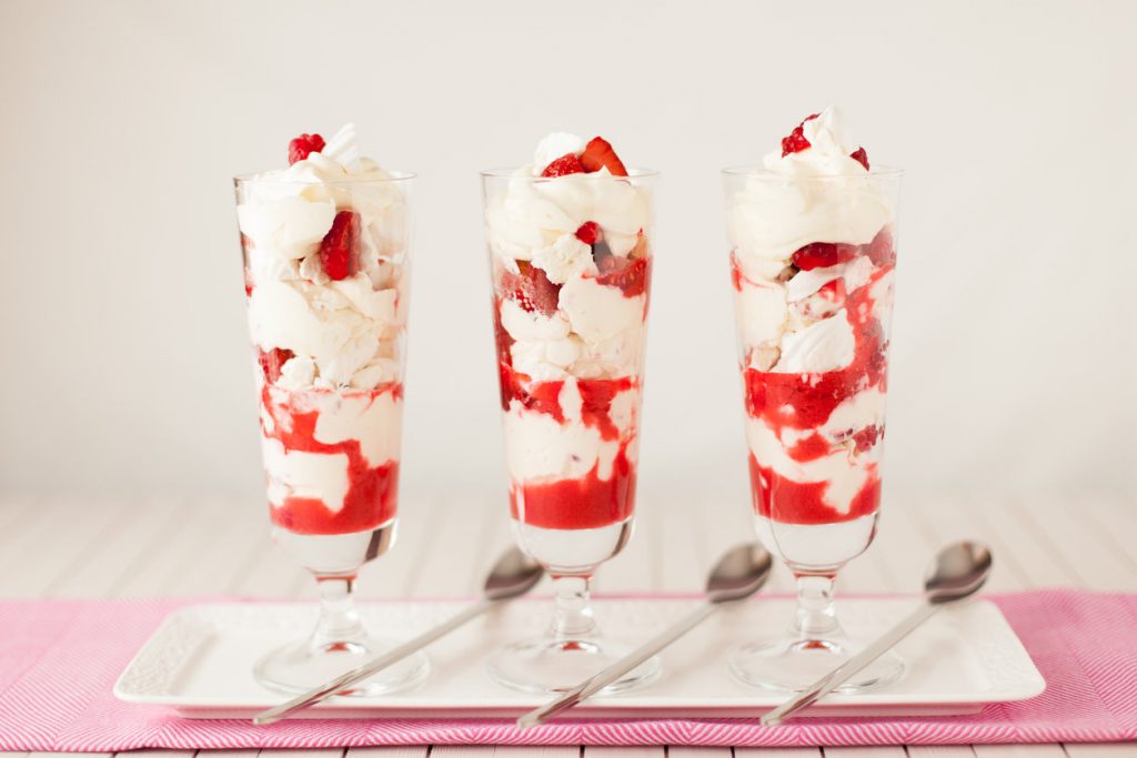 Eton Mess with Strawberries and Raspberry coulis
